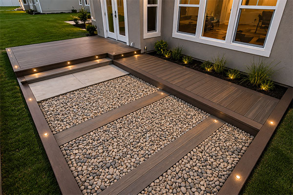 Custom Deck inner Modern backyard patio with cozy lighting