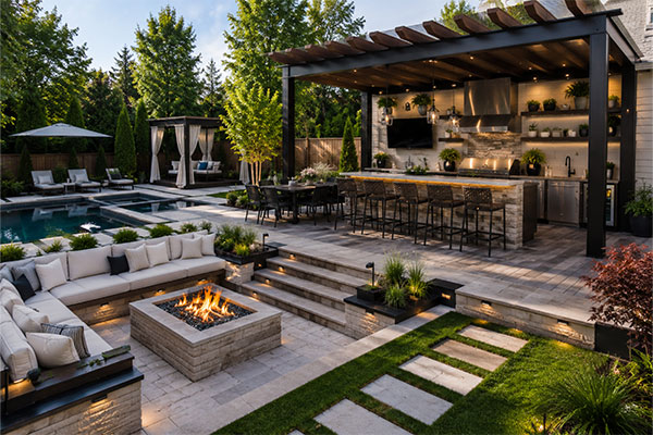 Luxury backyard patio with pool and kitchen