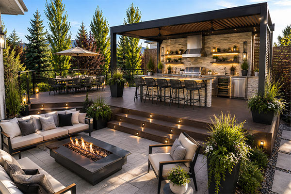 Modern backyard patio with fire pit